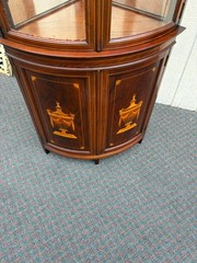66914 Vintage Inlaid Mahogany Corner Curio Cabinet with Glass Doors