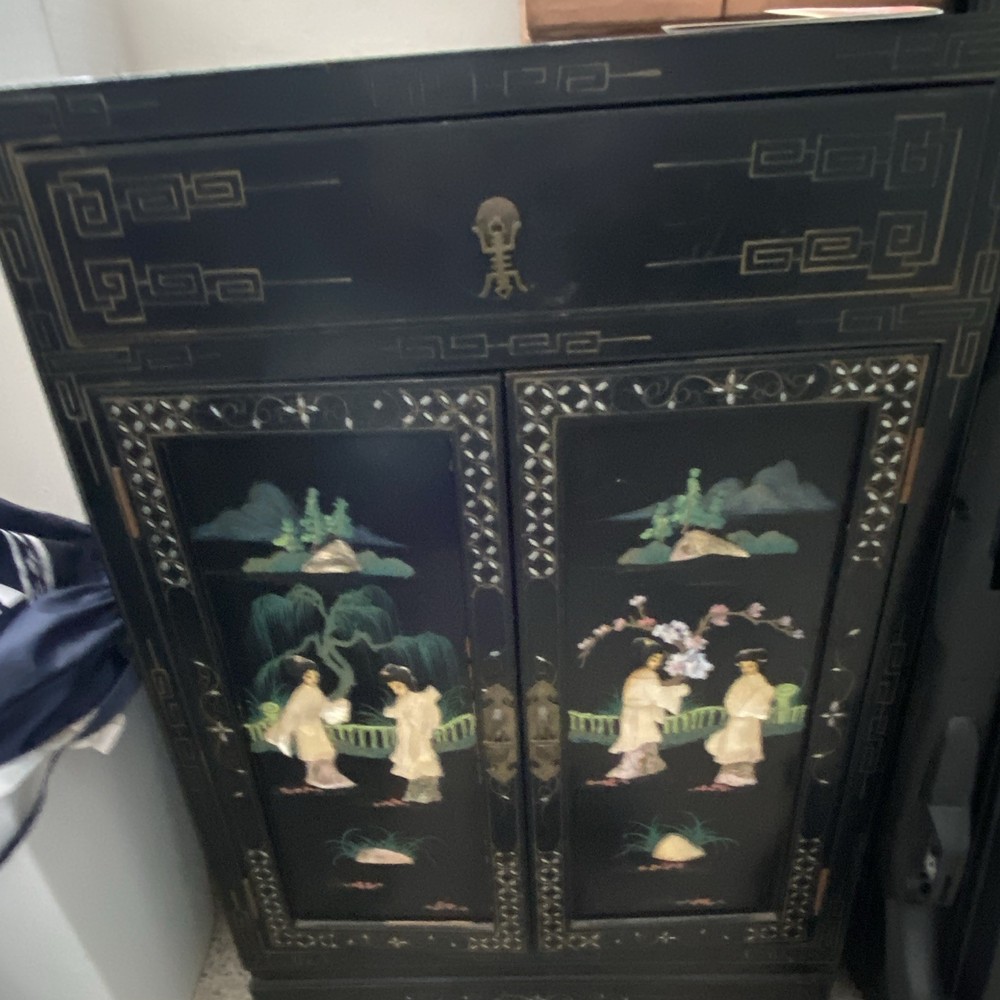 Antique Black Painted Wood 2-Door Hinged Cabinet w/ Asian Scene, 36x20x12