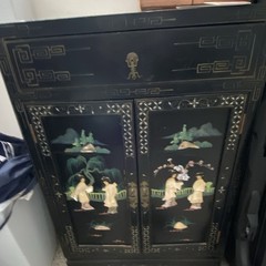 Antique Black Painted Wood 2-Door Hinged Cabinet w/ Asian Scene, 36x20x12