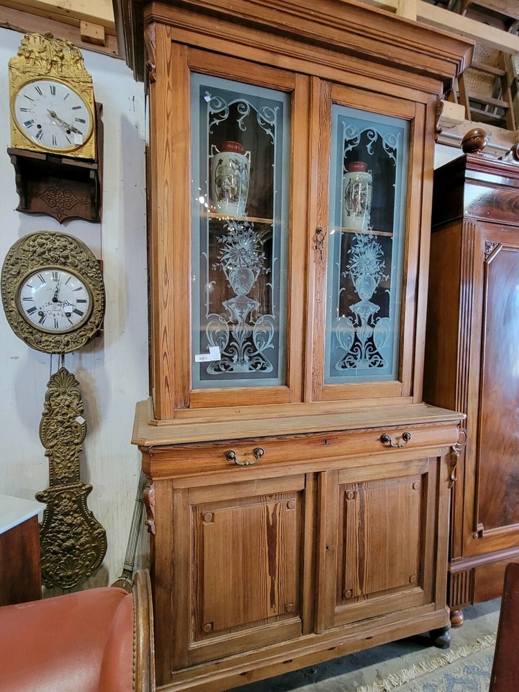 1880 Belgium Etched Glass Antique Hutch