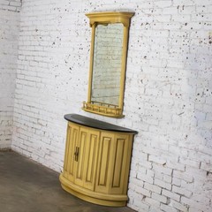 Vintage Neoclassic Revival Blonde Oak Demilune Cabinet or Console and Mirror