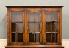 Antique English Large Bookcase Cupboard Cabinet Triple Door Glass Oak c. 1930s