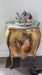 Gilt & Vernis Martin Painted Marble Top Bombay Commode 38ht X 30w X 16d