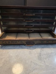 Antique Clarks ONT 5 Drawer Spool Cabinet Wood Glass Front Sewing Display Chest