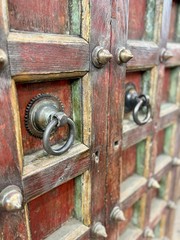 Antique 77″H Hutch Cabinet, Mughal or Medieval Style, Brass Studs & Iron Pulls