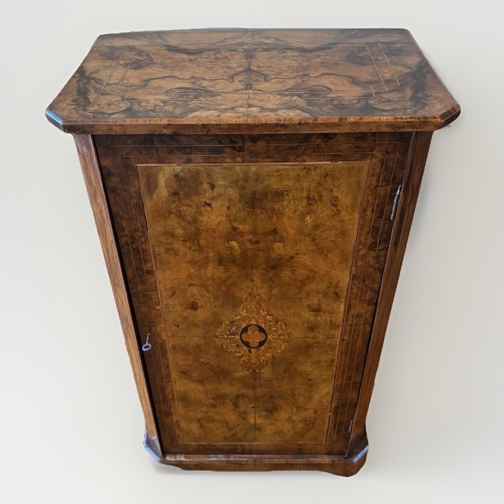 French Philippe 19th C. Burl Walnut Marquetry Cabinet w/ Key Antique