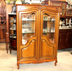 French Antique Cherry Wood Louis XV Display Cabinet With 2 Glass Shelf