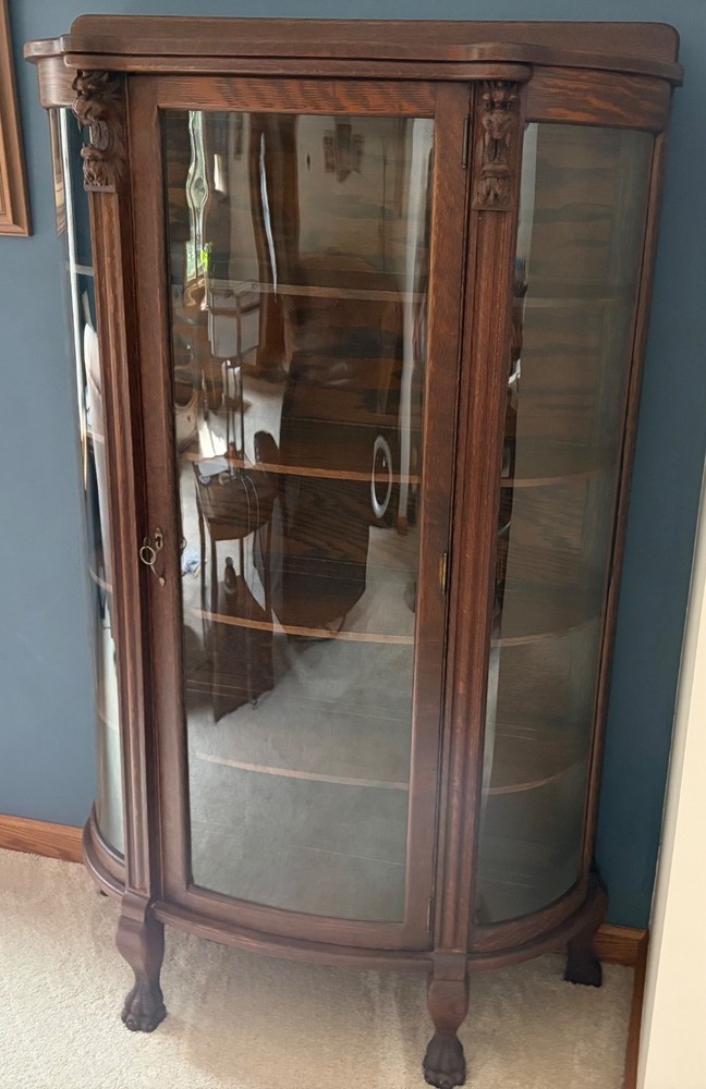 Antique Curved Glass Oak Curio Cabinet 65’h x 36″w x 15″d