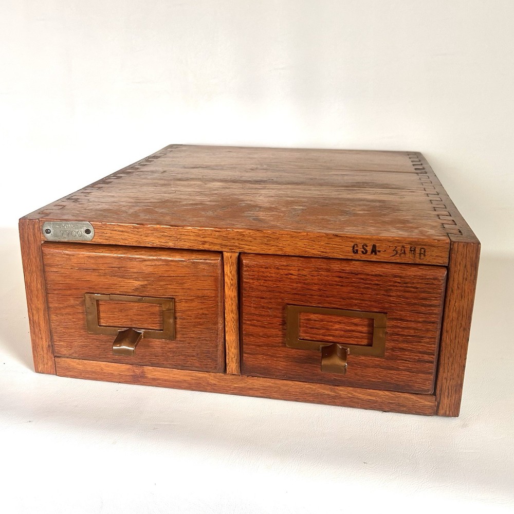Antique Library Bureau Oak 2-Drawer Card Catalog File Cabinet Recipe Box GVC