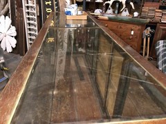c1900 vintage oak glass floor country store case 98x 42.5 x27 reeded column edge