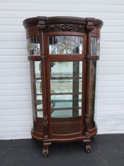 Late 1800s Large Tall Tiger Oak Leaded Stain Glass Curio Cabinet Cupboard 6573