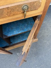 Vintage Burl Walnut Wood Small Side Cabinet Drawer Leather Top – Brass Hardware