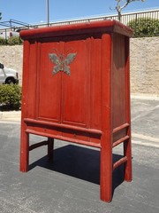 70″ Tall Ant. Chinese Asian Red Lacquer Butterfly Cabinet Wedding Storage Chest