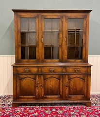 Antique English Large Bookcase Cupboard Cabinet Triple Door Glass Oak c. 1930s