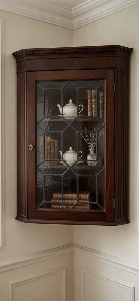 Neoclassical Hanging Corner CABINET, Cupboard, Mahogany, Thirteen Light, 43″