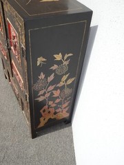 Vintage Oriental Asian Black & Red Hand Painted Lacquer Cabinet Side Table