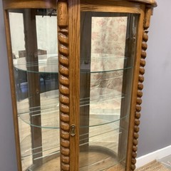 Oak China Cabinet w Additional Top Storage Glass Front Rope Turned Trim Mirrored