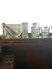 Mid-Century Modern Drexel “Profile” Bar Cabinet & 18 Pc Glassware Set