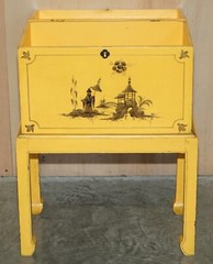 ANTIQUE JAPANNED YELLOW ORIENTAL SIDE CHEST ON STAND HAND PAINTED & LACQUERED