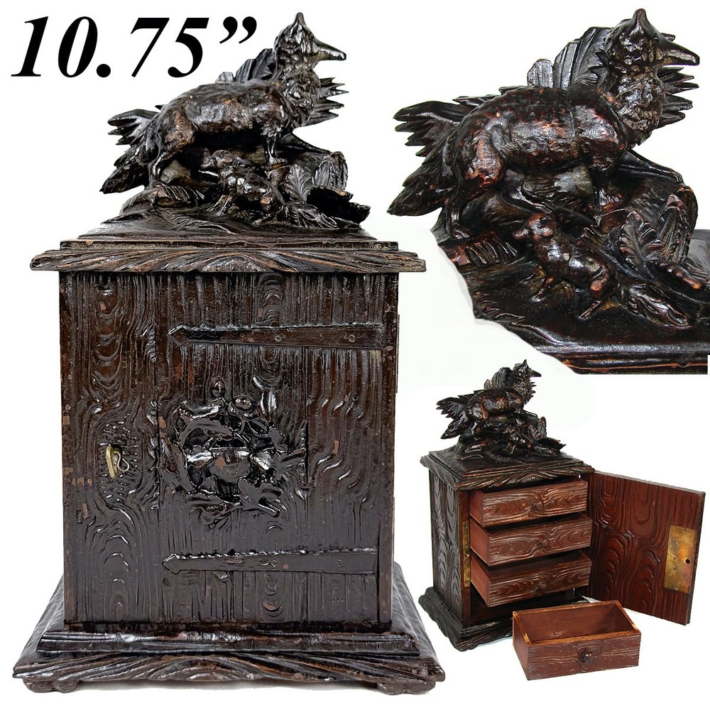 Antique Black Forest Carved 11″ Chest, Cabinet, Box: Animalier Style FOX and Kit