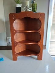 Vtg. corner cupboard with distinctive scalloped cutouts – 3 Tier – Oak In Color