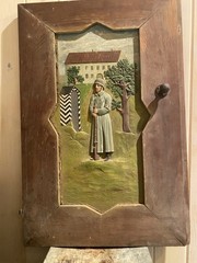 19th Century Germanic Wood Carved Hand Painted Cupboard Panel Countryside