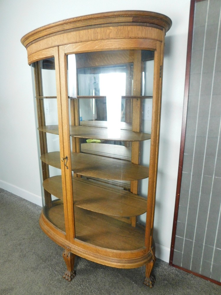 Rare 2 Door Antique Quartersawn Oak Bow Curve Glass China Cabinet Lion Feet