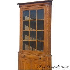 Antique small corner cupboard cabinet grained paint primitive berks 12 light 19t