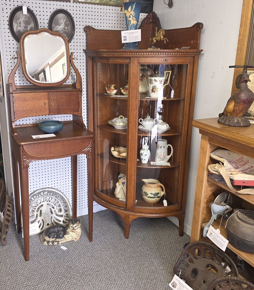 Antique Corner Oak China Cabinet – Sliding Curved Glass Doors