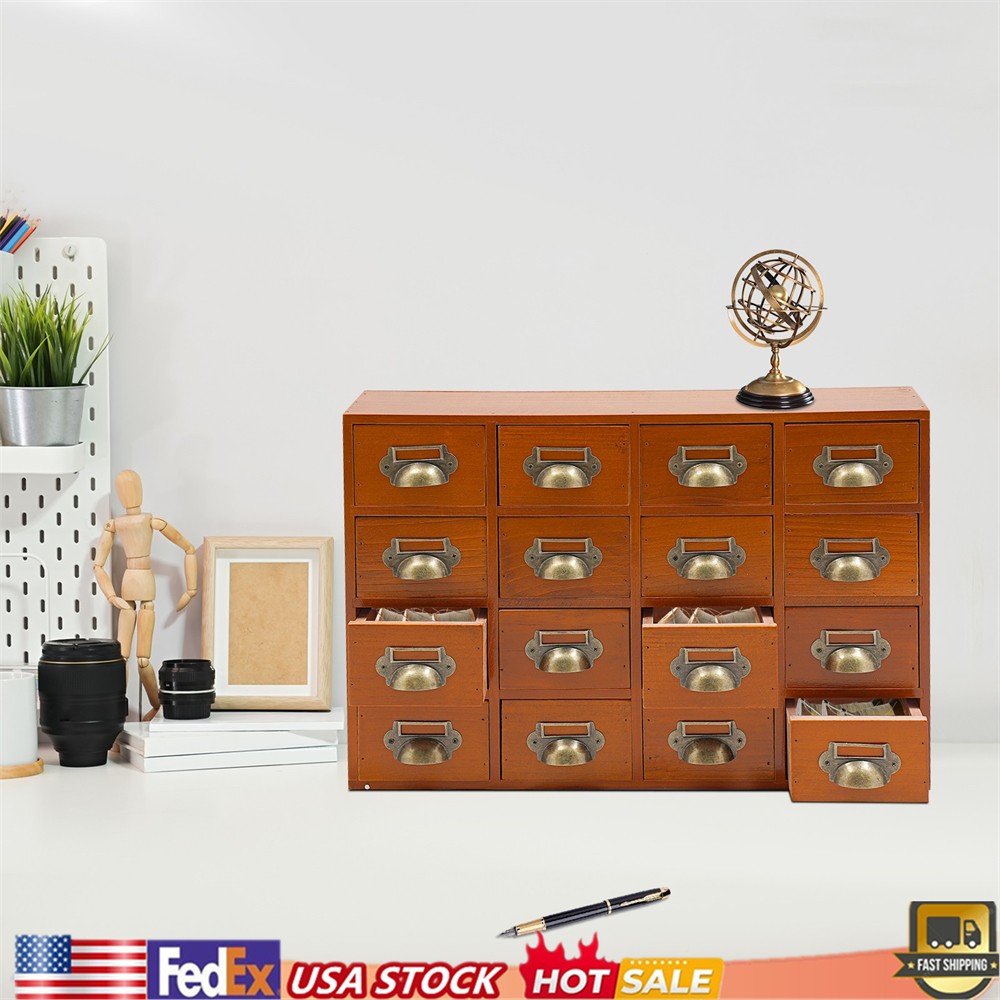 16 Drawers Tabletop Library Card Catalog Cabinet Vintage Apothecary Storage Box