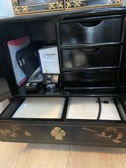 Antique Asian Wooden Cabinet with Ornate Brass Hardware and Four Drawers