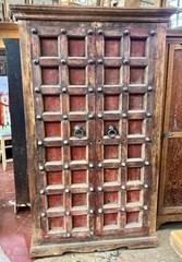 Antique 77″H Hutch Cabinet, Mughal or Medieval Style, Brass Studs & Iron Pulls