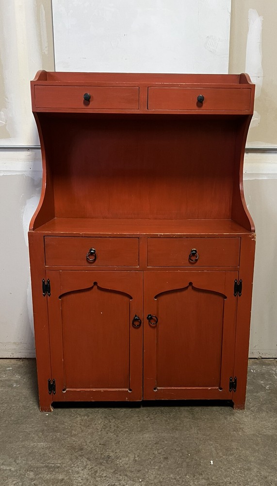 Vintage Painted Red Cupboard China Cabinet ~ 1950s Primitive style