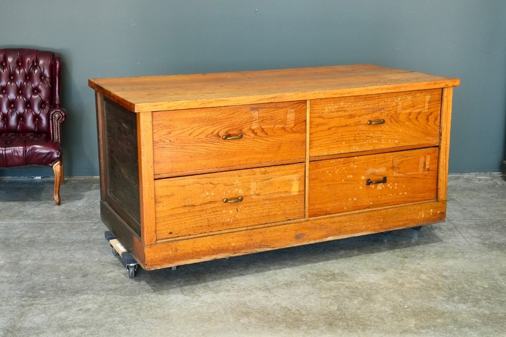 Antique Flat File Wood Apothecary Cabinet Store Counter Kitchen Island Vintage