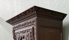 Antique French Breton Bookcase Armoire Linen Cab Wavy Glass Carved Chestnut 19th