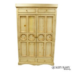 French Country Provincial Distressed Knotty Pine Wood 2 Part Cupboard Cabinet