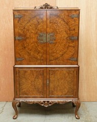 SUBLIME ART DECO DRINKS CABINET WITH EXQUISITE BURR WALNUT PANELS CABRIOLE LEGS