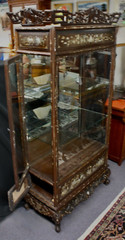 Antique Cabinet Glass Front Hand Carved Asian Motifs & Mother-of-Pearl Designs