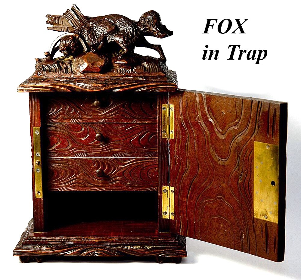 Antique Black Forest Carved 10″ Chest, Cabinet, Box: Animalier Style FOX in Trap