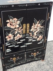 Vintage Chinese Asian Black Lacquer Chinoiserie Cabinet Side Table