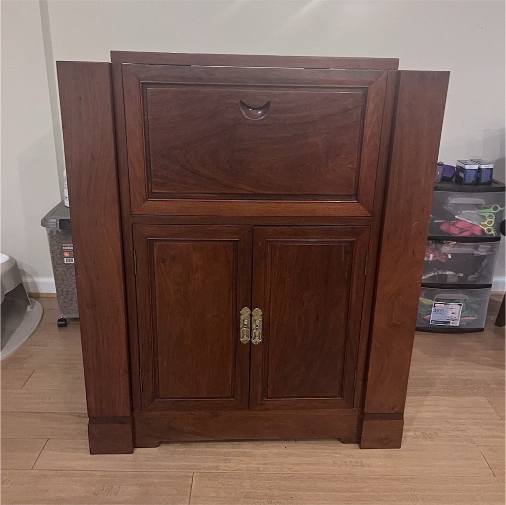 George Zee & Co. Bar Cabinet Brown Wood Mirrored Interior Bottle Storage