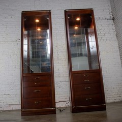 Modern Pair Lighted Display Cabinets by Bassett Furniture Cherrywood & Brass