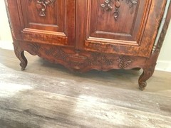 Vintage French hand carved beech china cabinet, 16″ iron hinges, lock and key