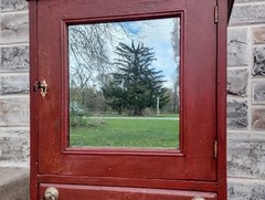 Antique Red Painted Oak 3 Drawer Country Hardware Store Display Cabinet, Mirror