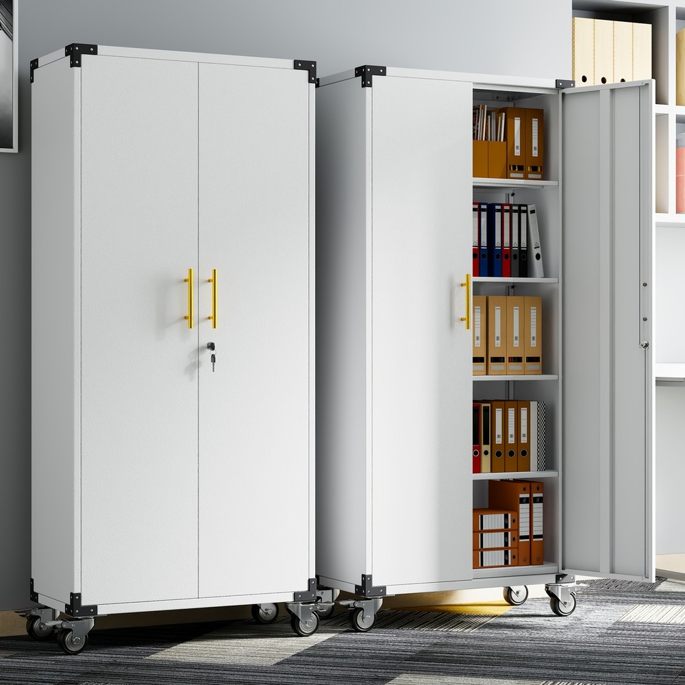 White 71 Inch Metal Storage Cabinet With Wheels Locks And 4 Shelves
