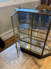 3 Shelve Brass, Glass Display Cabinet w/ Mirror and Double Glass Doors wood base