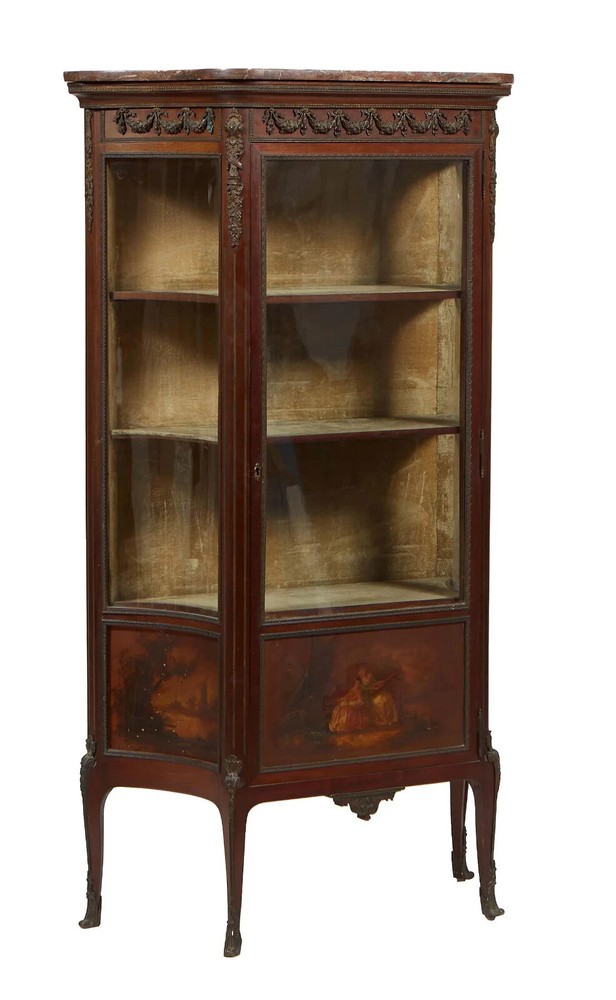 Vitrine, Louis XV Vernis Martin Style, Carved Walnut, Ormolu Mounted, Marble Top