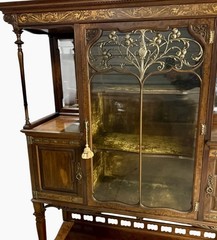 Antique Maple & Co London Inlaid Art Nouveau Display Cabinet Curved Glass c.1900