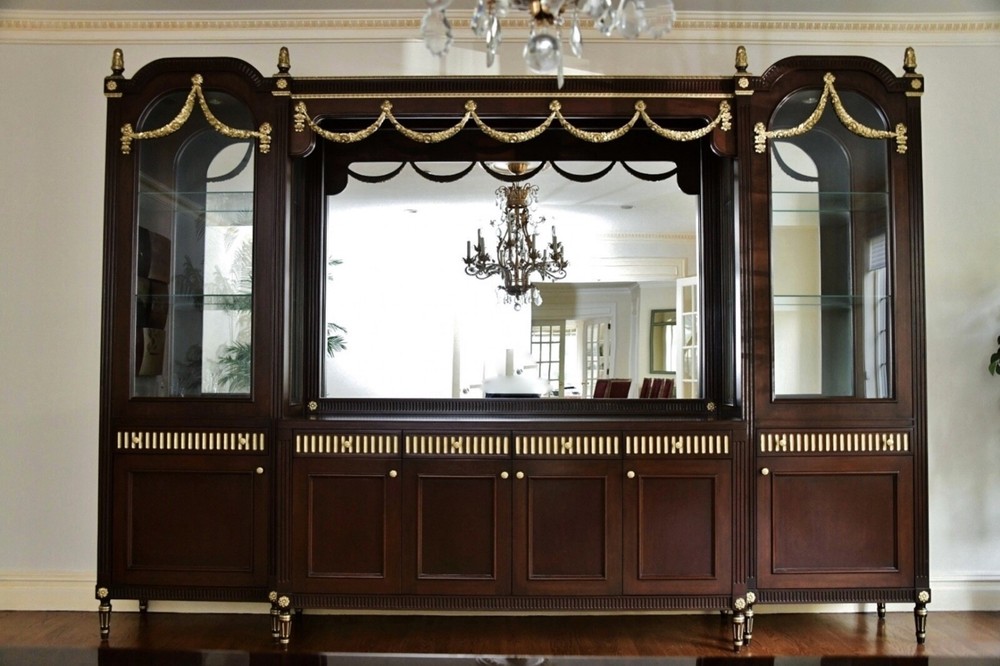 Custom Mahogany Lighted Breakfront China Display Cabinet With Gilded Regency Sty