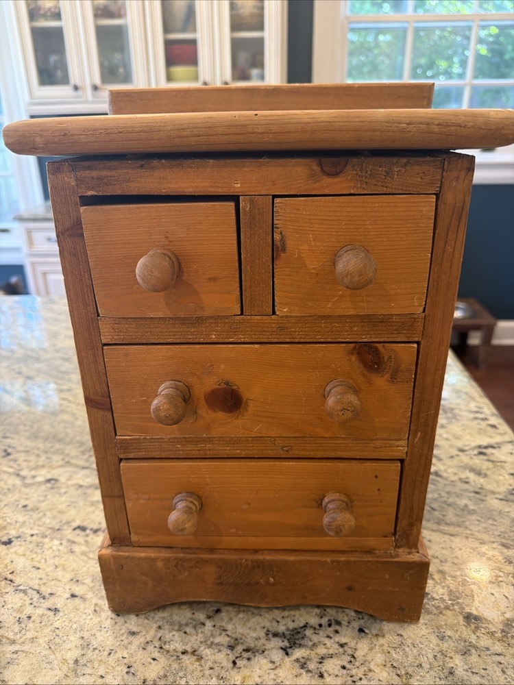 VTG Pine Wood Tabletop Apothecary Cabinet Or Doll Chest Of Drawers Cottagecore